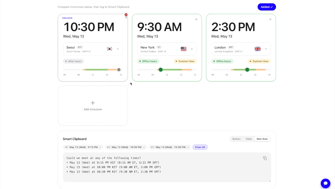 ez-timezone demo: comparing Seoul, New York, and London times, logging candidate meeting times, and copying a formatted schedule for email